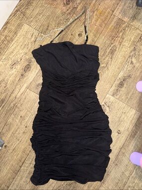 Fashion Nova Black Ruched Mini Dress with Rhinestone Chain Strap